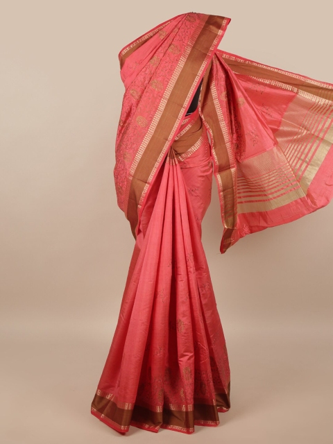 Pothys Pink & Brown Floral Zari Jute Silk Saree
