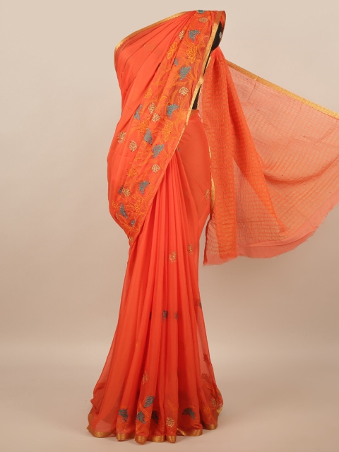 Pothys Orange & Blue Floral Printed Zari Saree