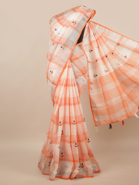 Pothys White & Orange Checked Embroidered Saree 
Pothys White & Orange Checked Embroidered Saree