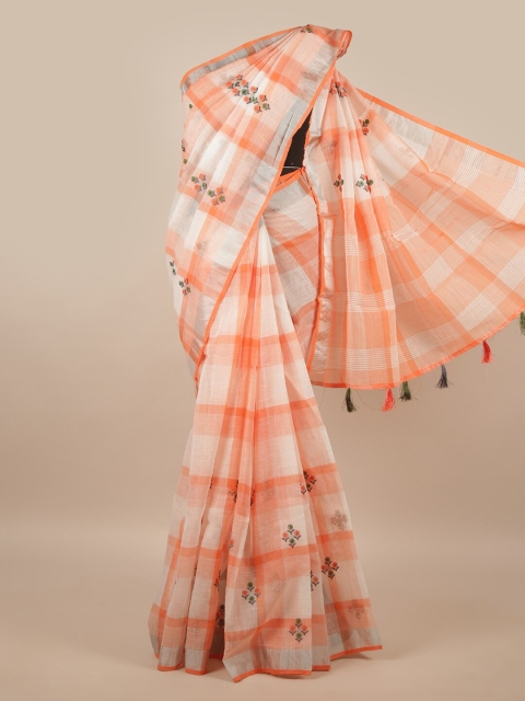 Pothys White & Orange Checked Saree