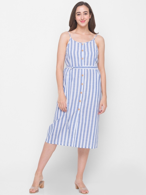 LYKKEIN Blue & White Striped A-Line Midi Dress