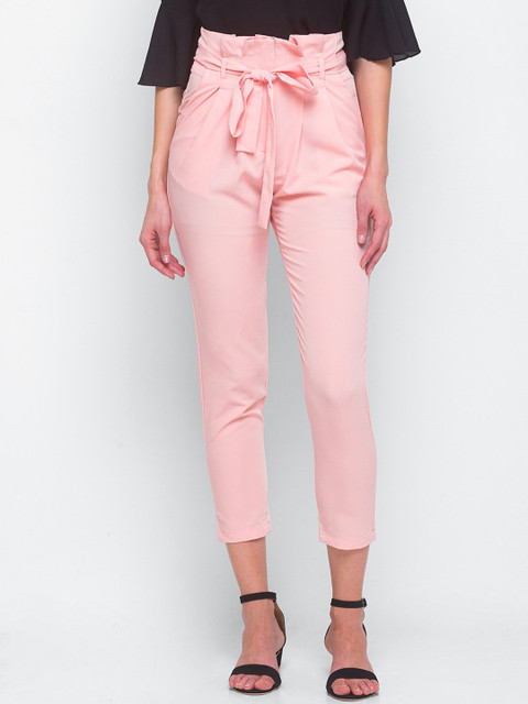 LYKKEIN Women Pink High-Rise Self Belted Pleated Tailored Peg Trousers 
LYKKEIN Women Pink High-Rise Self Belted Pleated Tailored Peg Trousers