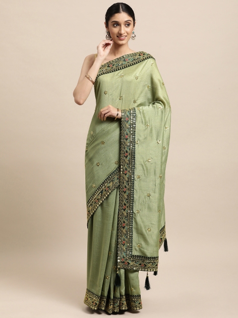 VASTRANAND Women Green Embellished Embroidered Heavy Work Saree