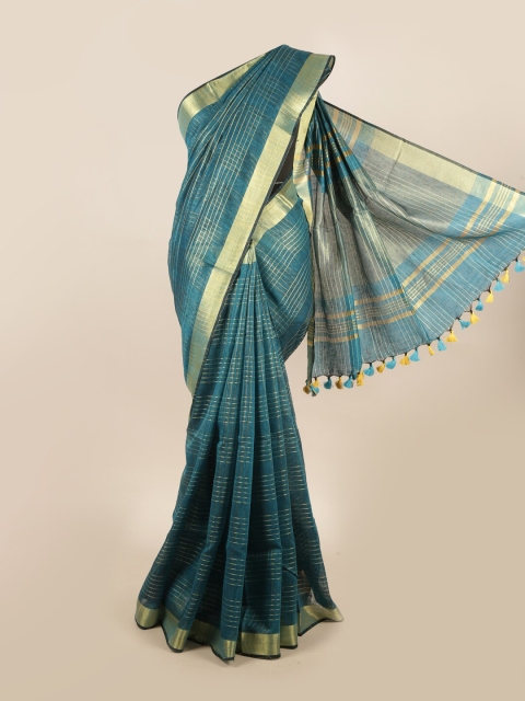 Pothys Blue & Gold-Toned Checked Zari Pure Linen Saree