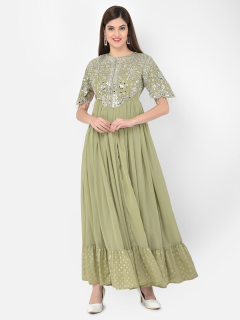 Neerus Women Olive Green & Silver-Toned Zari Embroidered Georgette Maxi Dress with Dupatta