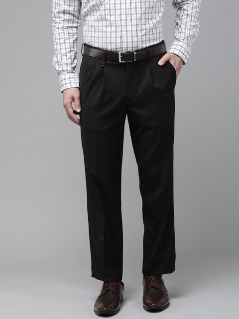Van Heusen Men Black Custom Fit Solid Low-Rise Pleated Formal Trousers 
Van Heusen Men Black Custom Fit Solid Low-Rise Pleated Formal Trousers