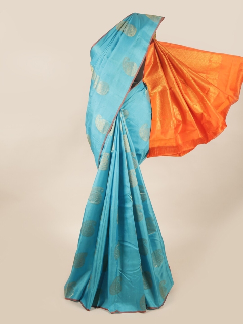 Pothys Blue & Orange Ethnic Motifs Pure Silk Saree
