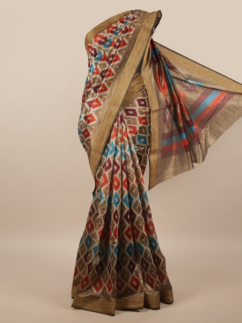 Pothys Tan & Red Floral Saree