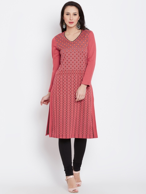 AURELIA Women Coral Red Woven Design Straight Winter Kurta