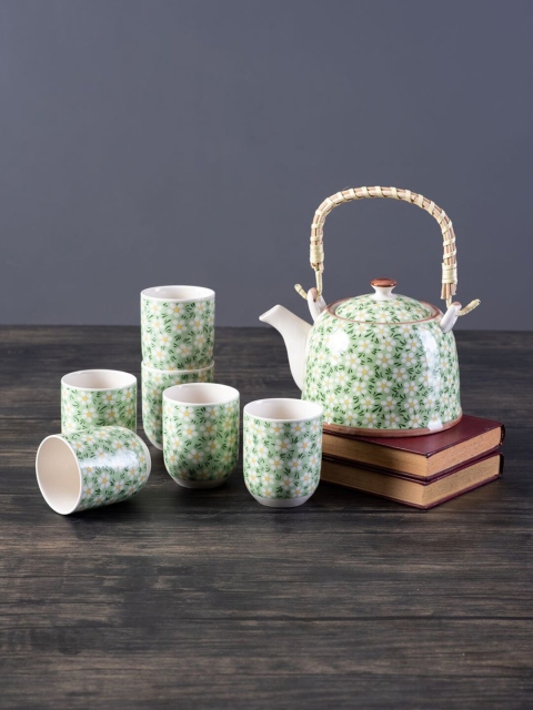 THEDECORKART Set Of 7 Green & White Solid Ceramic Glossy Kettle Set