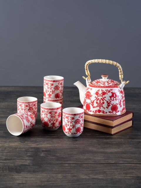 THEDECORKART White & Rose Gold Rose Gold Rose Gold Solid Ceramic Glossy Kettle Set of Cups and Mugs
