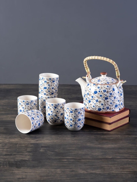 THEDECORKART Set Of 7 White & Blue Printed Ceramic Glossy Kettle Set