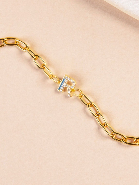 Pipa Bella Teal Blue Gold-Plated Cubic Zirconia Studded R Initial Enamelled Link Bracelet
Pipa Bella Teal Blue Gold-Plated Cubic Zirconia Studded R Initial Enamelled Link Bracelet