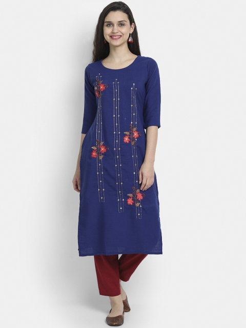 7Threads Women Blue Floral Embroidered Mirror Work Kurta