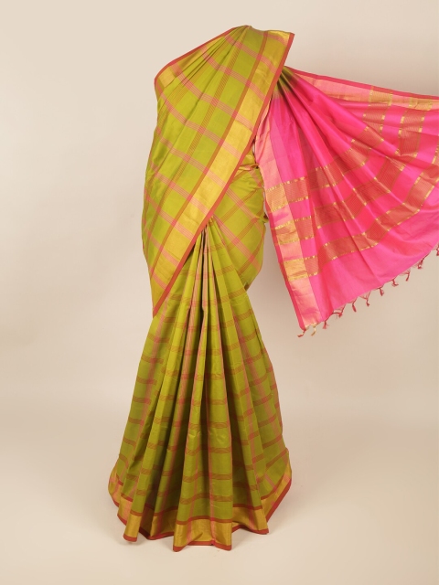 Pothys Green & Pink Checked Silk Cotton Saree
