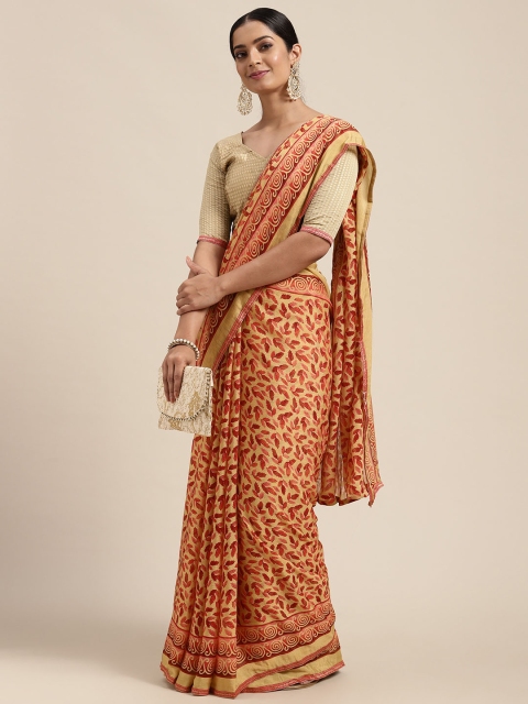 Mitera Beige & Red Floral Brasso Saree