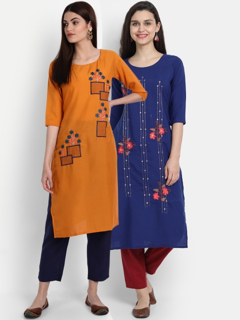 7Threads Women Pack Of 2 Navy Blue & Mustard Yellow Floral Embroidered Kurta