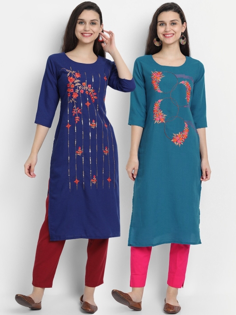 7Threads Women Blue Set Of 2 Floral Dyed Flared Sleeves Thread Work Kurta, Navy blue
7Threads Women Blue Set Of 2 Floral Dyed Flared Sleeves Thread Work Kurta, Navy blue