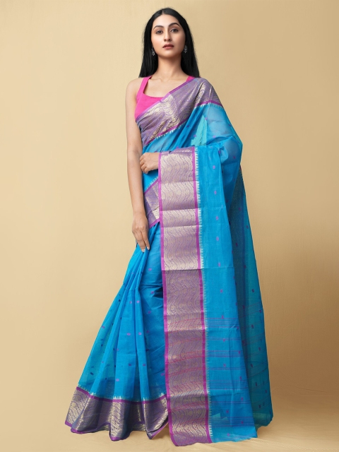 Unnati Silks Blue & Purple Woven Design Pure Handloom Sustainable Bengal Tant Cotton Saree
Unnati Silks Blue & Purple Woven Design Pure Handloom Sustainable Bengal Tant Cotton Saree