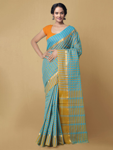 Unnati Silks Blue & Orange Checked Zari Pure Handloom Sustainable Pavani Mangalagiri Cotton Saree
Unnati Silks Blue & Orange Checked Zari Pure Handloom Sustainable Pavani Mangalagiri Cotton Saree
