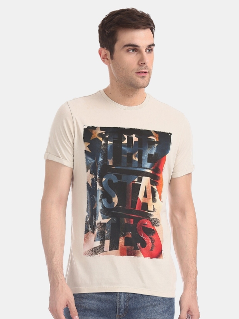 Cherokee Men Grey Typography Printed Pure Cotton T-shirt, Beige
