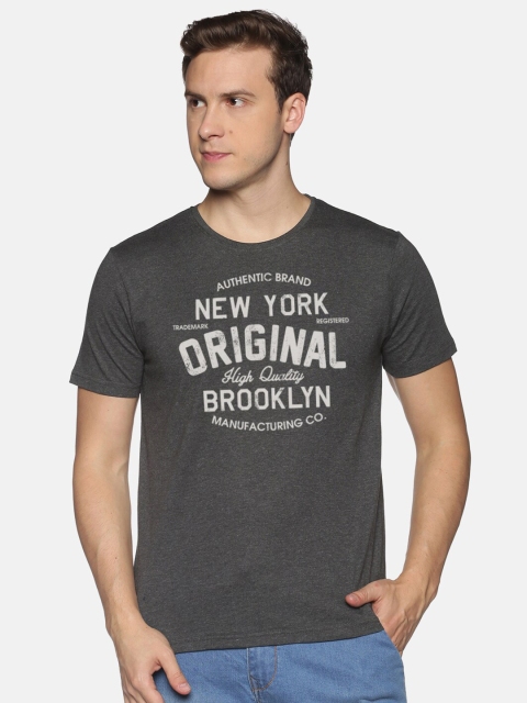 MASH UNLIMITED Men Charcoal & White Typography Printed Slim Fit T-shirt