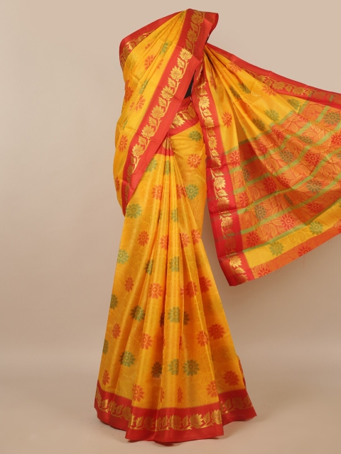 Pothys Yellow & Red Floral Zari Saree