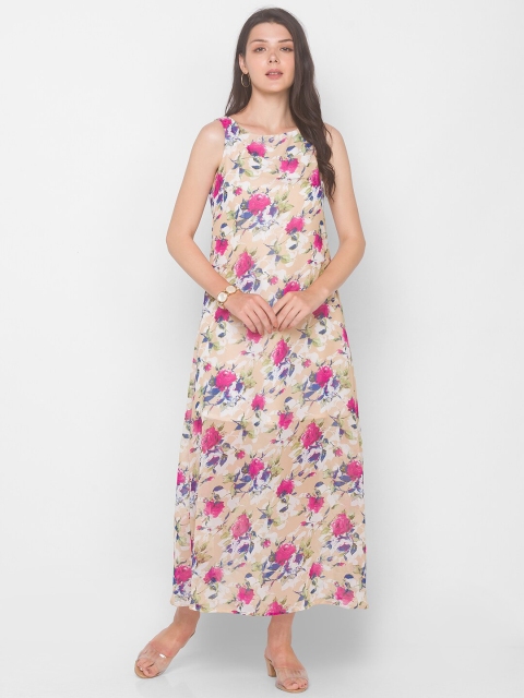 Iti Beige Floral Georgette Maxi Midi Dress