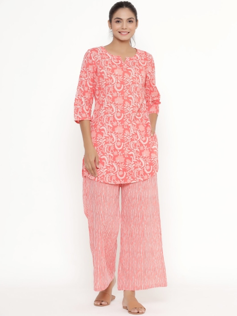 JISORA Women Pink & White Printed Night suit