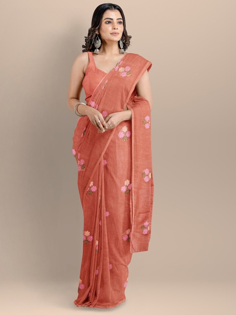 BharatSthali Peach-Coloured & Pink Floral Silk Cotton Maheshwari Saree