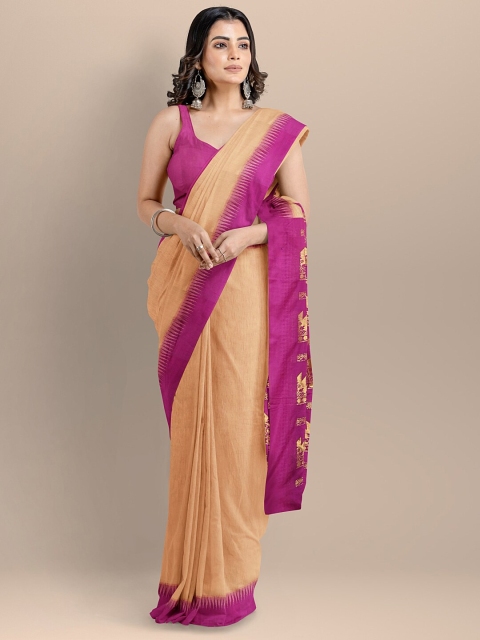 BharatSthali Peach-Coloured & Pink Silk Cotton Maheshwari Saree