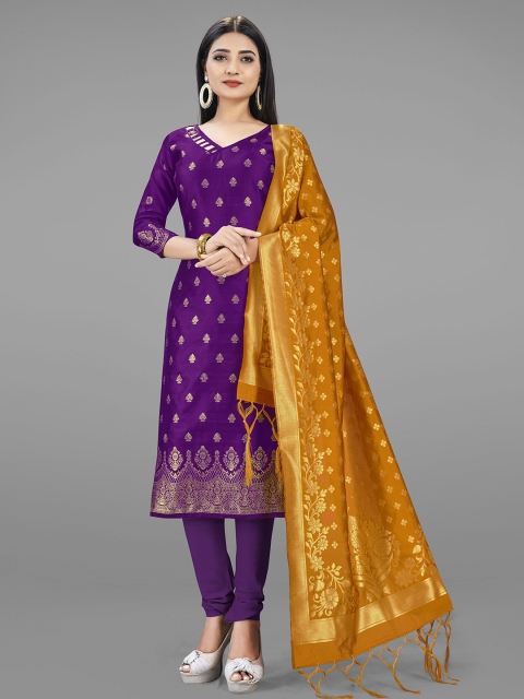 Mitera Purple & Gold-Toned Unstitched Dress Material