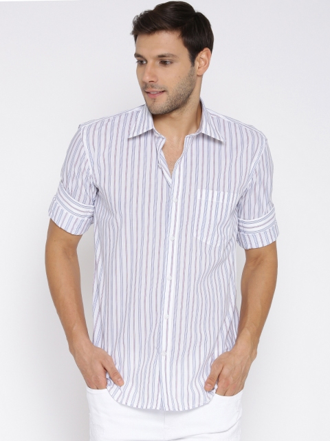 American Crew Men White & Blue Slim Fit Striped Formal Shirt