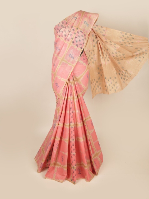 Pothys Coral & Black Floral Pure Cotton Saree