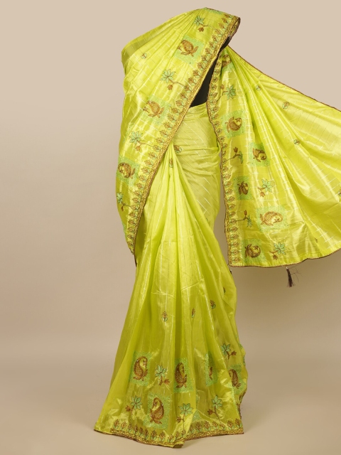Pothys Green & Brown Ethnic Motifs Embroidered Saree
