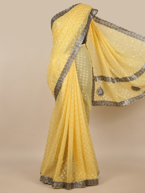 Pothys Yellow & Grey Embellished Beads and Stones Saree