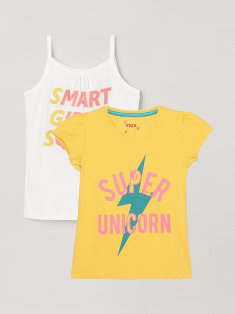 max Girls Yellow & Pink Set Of 2 Typography Printed T-shirts