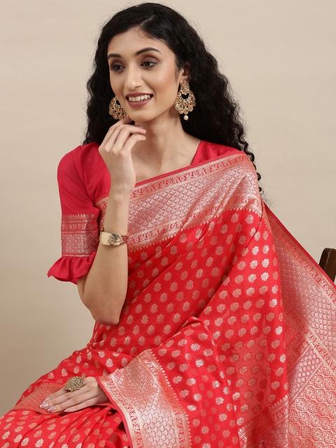 Mitera Pink & Silver-Toned Woven Design Pure Georgette Saree