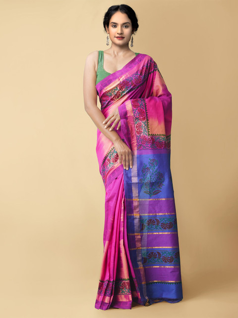 Unnati Silks Pink & Blue Colourblocked Zari Silk Cotton Uppada Saree 
Unnati Silks Pink & Blue Colourblocked Zari Silk Cotton Uppada Saree