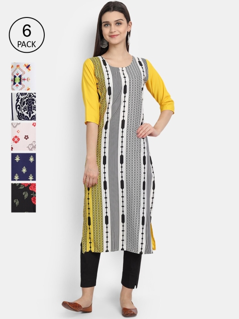 7Threads Women Multicoloured Striped Mirror Work Crepe Kurta, Multi