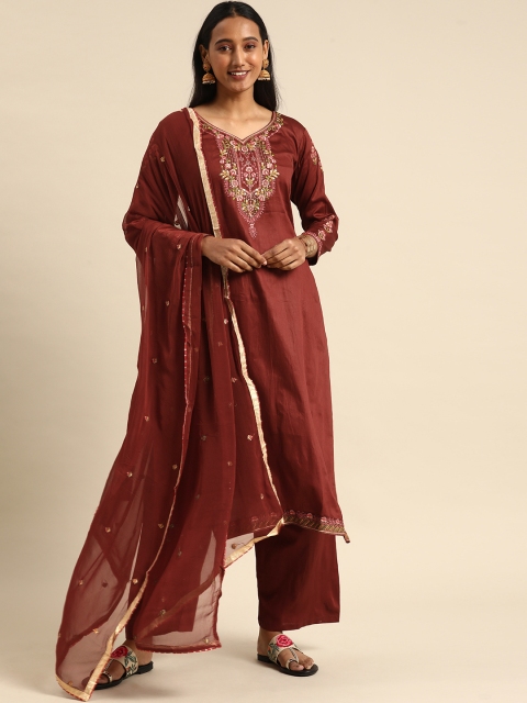 Shaily Brown Embroidered Pure Cotton Unstitched Dress Material