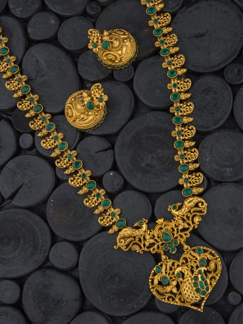 Alankruthi Gold-Plated & Green Stones-Studded Peacock Heart Design Long Hara Jewellery Set
Alankruthi Gold-Plated & Green Stones-Studded Peacock Heart Design Long Hara Jewellery Set
