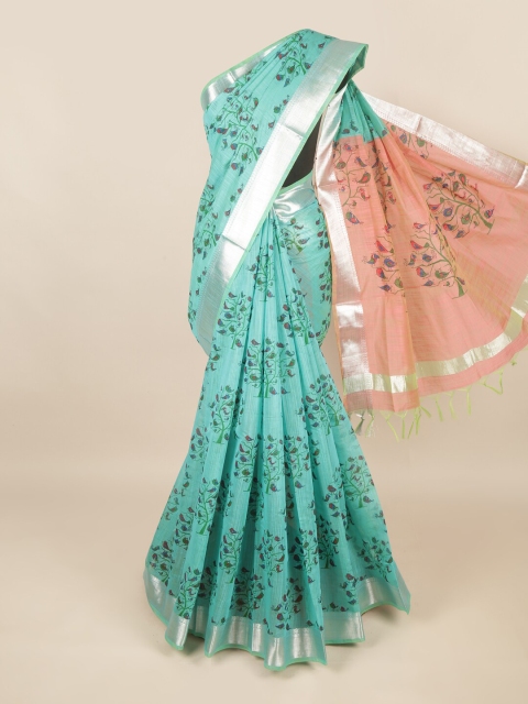 Pothys Blue & Orange Floral Silk Cotton Saree