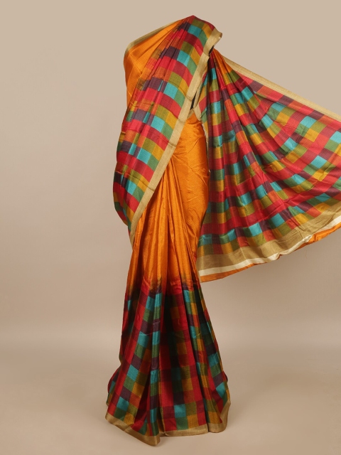 Pothys Orange & Blue Checked Cotton Blend Saree