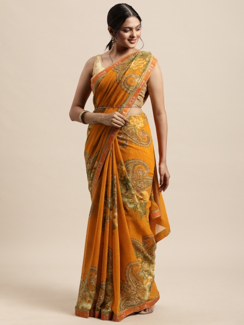 Triveni Orange Floral Pure Georgette Saree