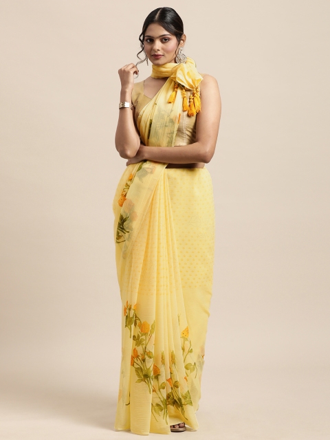 Triveni Yellow Floral Beads and Stones Pure Chiffon Saree