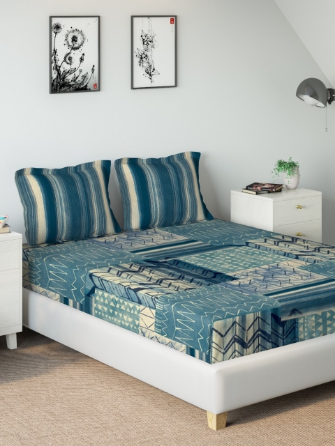 DDecor Blue & Cream-Coloured Geometric 140 TC Queen Bedsheet with 2 Pillow Covers