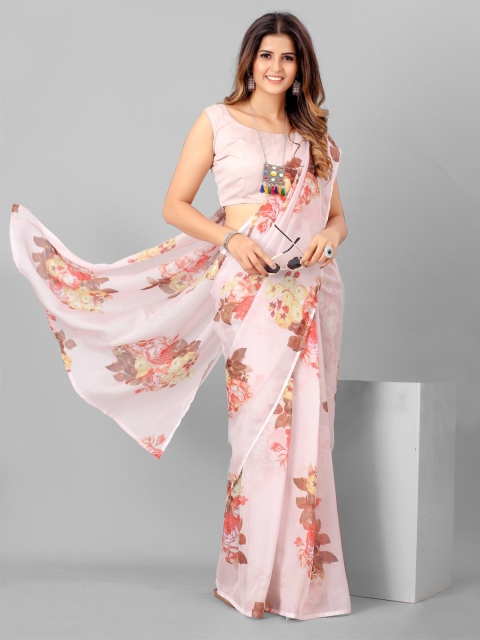 SHOPGARB Pink & Yellow Floral Organza Saree