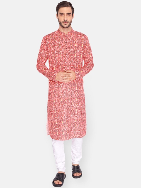 NAMASKAR Men Red Printed Pure Cotton Kurta with Pyjamas