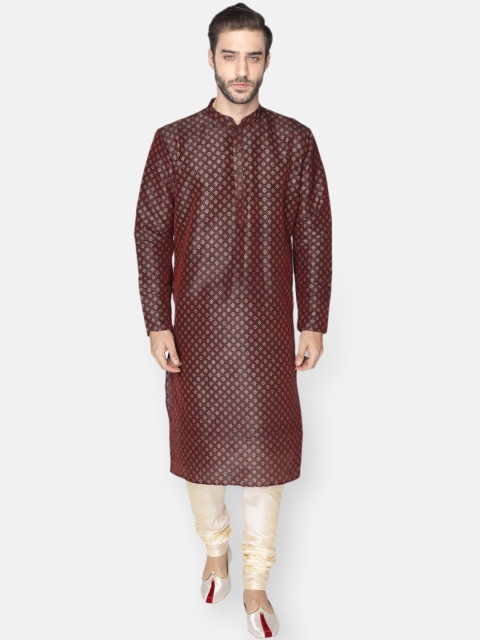 NAMASKAR Men Brown Printed Dupion Silk Kurta with Churidar